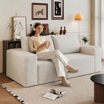 Sofá Modular De 3 Plazas De Pana, Blanco Crema, 180 Cm, Asiento Profundo