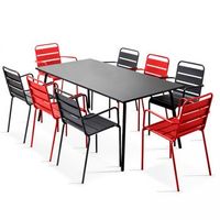 mesa de jardin rectangular y 8 sillones de metal gris y rojo