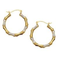 9ct gold two colour crystal bamboo hoop earrings - 24mm - g2429