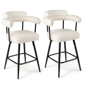 Costway Set de 2 Taburetes Giratorios con Respaldo y Brazos Curvos con Patas de Metal y Reposapiés para Cocina Cafetería 63 x 54 x 100 cm Blanco