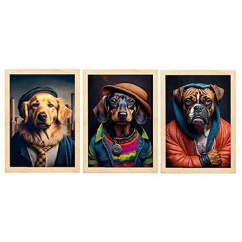 Set De 3 Posters Casual En Estilo Fotografía A Todo Color Divertidas Ilustraciones Realistas De Animales Con Ropa Humana Diseño Y Decoración De Interiores A4 Marcos Madera Clara Nacnic