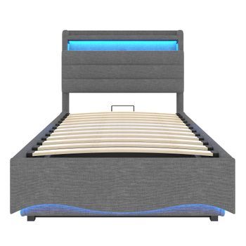Cama Tapizada 90x200 Cm - Con Iluminación Led, Mecanismo Hidráulico, Puertos Usb Y Tipo-c, Compartimento Y Estantes, Tela De Lino - Gris