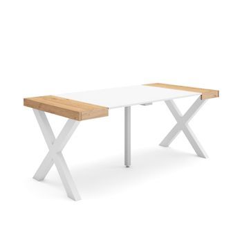 Mesa Consola Extensible, Mesa Comedor Plegable, 180, Para 8 Comensales, Patas Madera Maciza, Estilo Moderno, Roble Y Blanco