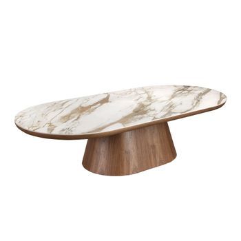 Mesa Centro Ovalada Medio Punto Mármol Porcelánico Y Nogal Angel Cerdá 2160 Ø160x80x38