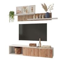 mueble de salon kipi tv extensible 2 estantes en colores blanco y madera claro 65x220x32 cm
