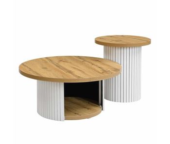 Mesa de centro doble - redonda, multifuncional, listones de madera natural - natural