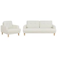 conjunto de sala de estar retro 3 plazas sofa y sillon patas de madera asiento grueso tapizado de tela blanco crema tuve
