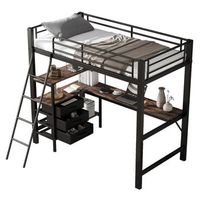 cama alta con escritorio 90x200 y 3 cajones litera de metal negra y madera nogal oscuro