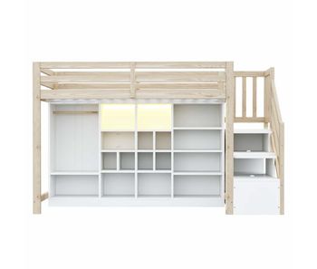 Cama alta 90 x 200 cm - con armarios de almacenamiento, múltiples compartimentos, armario ropero simple, iluminación led, escalera lateral integrada con espacio de almacenamiento - madera natural y blanco