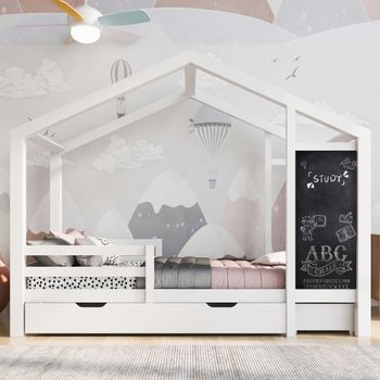 Cama Infantil Casita Madera 90x200 Con Tablero 2 Cajones Madera Maciza Barandilla Somier Láminas Blanco Sin Colchón