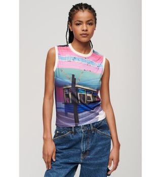 Superdry para mujer. W6011959A Camiseta de tirantes con subestampado blanco (XS), Casual, Algodón, Sin mangas / Tirantes