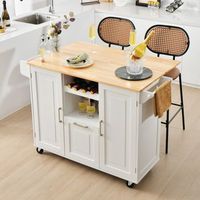 isla de cocina grande con encimera abatible 4 ruedas cajon profundo estante para botellas blanco