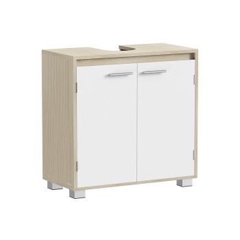 Armario bajo lavabo de baño con compartimentos y patas, Beige Natural + Blanco Nube