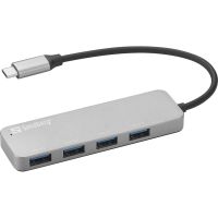 hub sandberg 4 puertos usb 30 5 gbps usb-c a usb-a plata aluminio