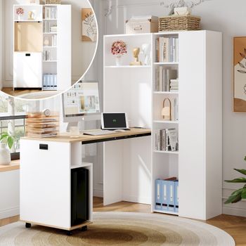 Escritorio Plegable Con Estantería, 104,5 × 30,5 × 160 Cm, Blanco Y Roble, Enchufe Y Usb