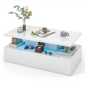 Costway Mesa de Café LED de 2 Niveles con Colores de Luz Ajustables en Rectangular Contemporánea para Sala de Estar 110 x 60 x 40 cm