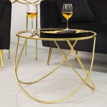 Mesa auxiliar redonda de metal dorado con tablero negro ø cm 60x45