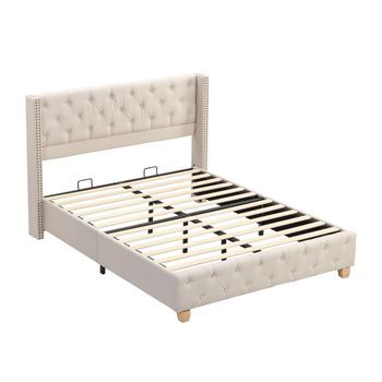 Cama Beige 140 X 190 Cm De Lino Con Capitoné, Remaches Y 12 Lamas