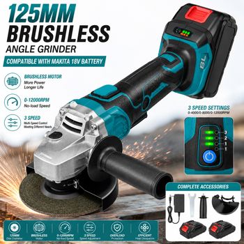 Amoladora Angular Inalámbrica de 125 mm sin Escobillas para Batería Makita de 18 V, Amoladora Eléctrica de 3 Velocidades para Cortar, Desbastar y Pulir Metal y Piedra
