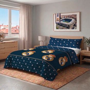 Real Madrid CF - Funda Nórdica 2 Piezas 100% Microfibra Oficial Real Madrid CF 2026 Modelo 1 Azul Marino – Funda nórdica + funda almohada (No incluye bajera)