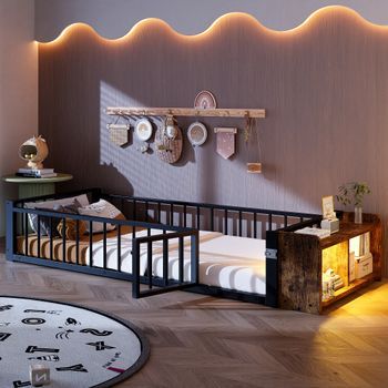 Cama Plana Metálica 90 X 200 Cm Con Barandilla Protectora Led Tiras Luz Negro Sin Colchón