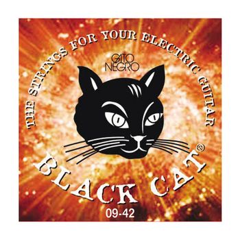 Juego de cuerdas para guitarra eléctrica Gato Negro, Black Cat 9-42. Fabricadas en acero y nickel de alta calidad en España desde 1868. Calibres  0.9-0.11-0.16-0.22-0.32-0.42