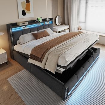 Cama Tapizada 180*200 Cm Iluminación Led + Toma Usb Cabecero Con Estantes + Sistema De Almacenamiento Hidráulico Tejido De Lino Gris