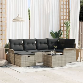 Conjunto De Sofá De Jardín De 7 Piezas Con Cojines En Gris Claro De Ratán Sintético V0943 Unico / Gris