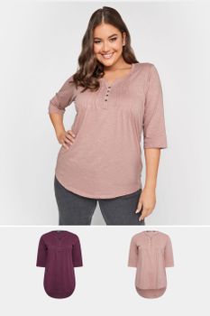 Yours Juego 2 Camisetas De Algodón Con Jaretas Y Cuello Panadero: Rosa Y Ciruela, Mujer Curvy Y Tallas Grandes, Yours