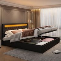 cama tapizada doble 160x200 cm con almacenamiento e iluminacion led somier de lamas negro