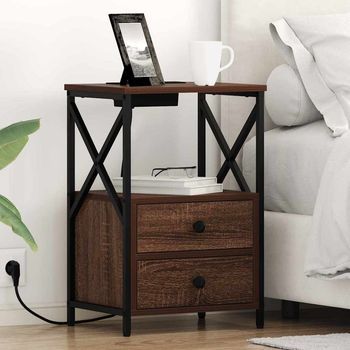 Mesita De Noche 2 Uds - Mueble De Dormitorio - Madera Y Acero - Roble Marrón (40x31x60cm)