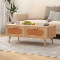 mesa de cafe  mesa auxiliar ratan 2 cajones compartimento trasero patas madera rectangular salon natural