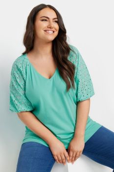 Yours Camiseta Algodón Verde Con Manga Raglan Bordada, Mujer Curvy Y Tallas Grandes, Yours