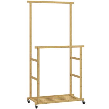HOMCOM Perchero Colgador de Ropa de Bambú con Ruedas Estante para Zapatos 2 Barras para Colgar 80x40x160 cm Natural   Aosom España