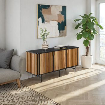 Aparador de madera, diseño de lamas y 3 compartimentos, negro/marrón