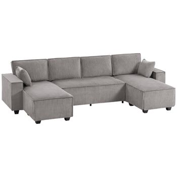 HOMCOM Sofá esquinero con doble chaise longue, sofá en U de pana con asiento amplio y profundo, cojines con muelles, gris claro