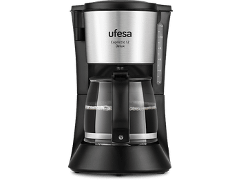 Cafetera de goteo - Ufesa CG7125 Capriccio 12 Delux, 680 W, 1.2 l, Tazas, Desconexión automática, Negro/Inox
