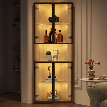 Vitrina Expositora Con Led - Mueble De Esquina - Mdf Y Vidrio - Roble (62x32x160cm)