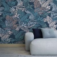 papel pintado panoramico con una bandada de pajaros azul 30