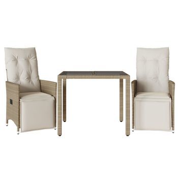 Mesita Y Sillas Jardín 3 Piezas | Mueble De Jardín Y Cojines Ratán Sintético Beige