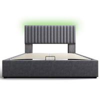 cama con almacenaje acolchada de lino con puertos de carga y led - 160x200 cm - 3 compartimentos en el cabecero ajustable - gris