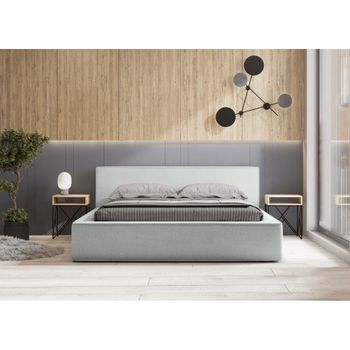Cama Con Canapé Denali – Blanco Rizado – 160x200 Cm – Tela Efecto Lana – Somier Elevable – Almacenamiento Integrado