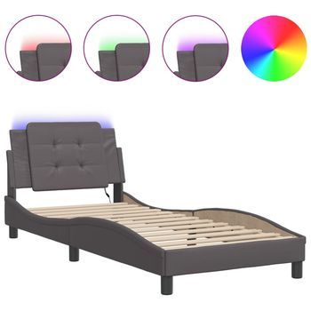 Cama Individual | Cama Para Adultos | Estructura De Cama Con Luces Led Cuero Sintético Gris 90x200 Cm