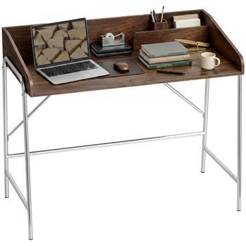 Escritorio De Ordenador Compacto De Tablero Laminado Y Estructura Metálica – 109 X 57 X 91 Cm – Nogal
