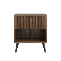 mesita de noche moderna con un cajon y estante abierto mdf y metal color nogal