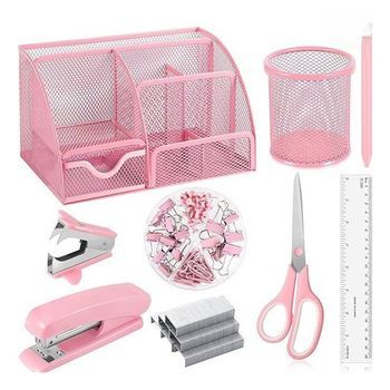Set De Grapadora Rosa - Kit De Papelería De Oficina Con Quitagrapas, Dispensador De Cinta Y Accesorios