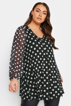 Yours Top Con Vuelo Negro De Lunares Mangas Malla, Mujer Curvy Y Tallas Grandes, Yours