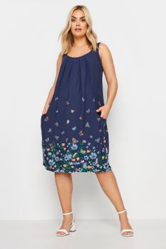 Yours Vestido Azul Marino Con Bolsillos De Flores Y Mariposas, Mujer Curvy Y Tallas Grandes, Yours