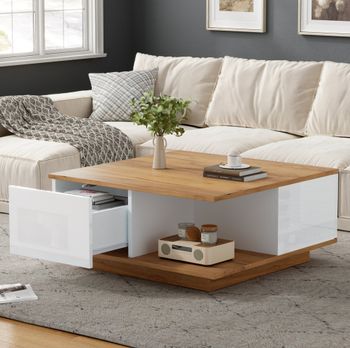 Mesa de centro blanca y nogal de tablero 3 cajones 70x70x31,5 cm
