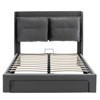 Cama Con Canapé Tapizada En Terciopelo 160x200cm 2 Cajones Gris (sin Colchón)